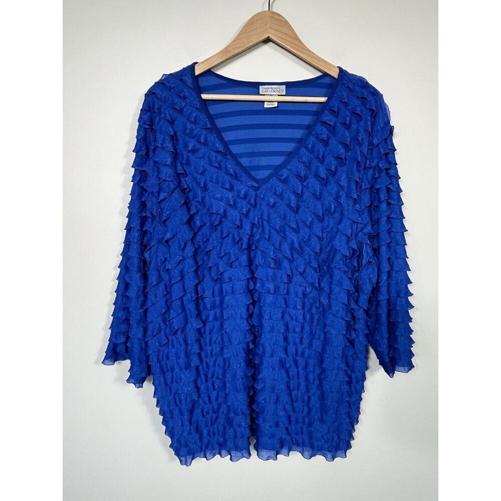 Catherines Shirt Womens 2X Blue Ruffle Sparkle V Neck 3/4 Sleeve Flowy